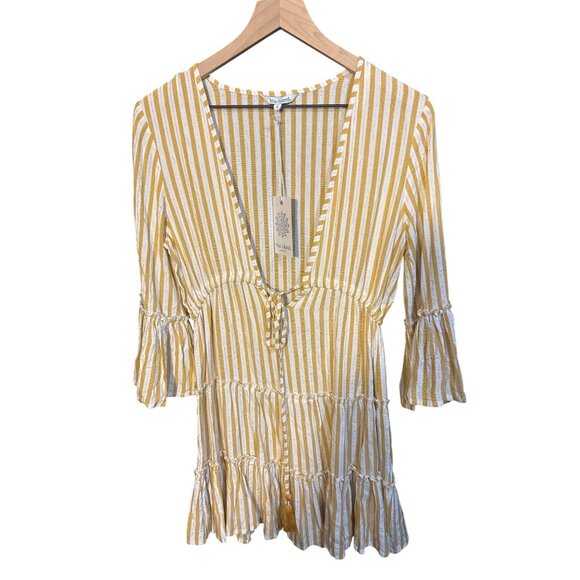 Blue Island Yellow & White Striped Mini Dress With V-Neck & Flowy Sleeves Tiered - Picture 1 of 4